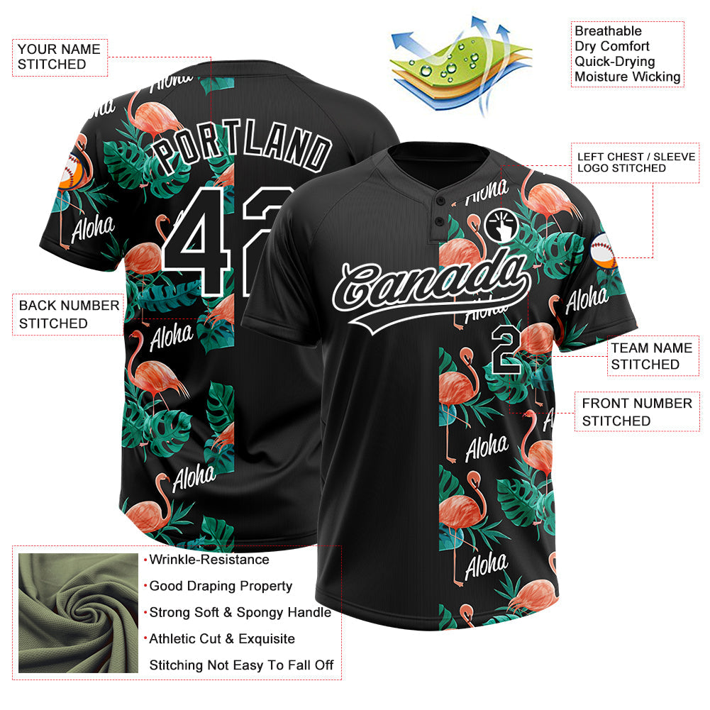 Custom Black White 3D Pattern Hawaii Flamingos And Leaves Two-Button Unisex Softball Jersey view 3