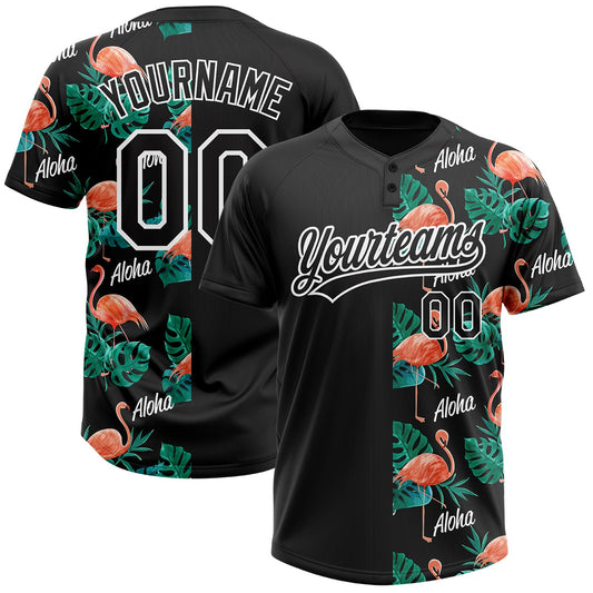 Custom Black White 3D Pattern Hawaii Flamingos And Leaves Two-Button Unisex Softball Jersey - Main View