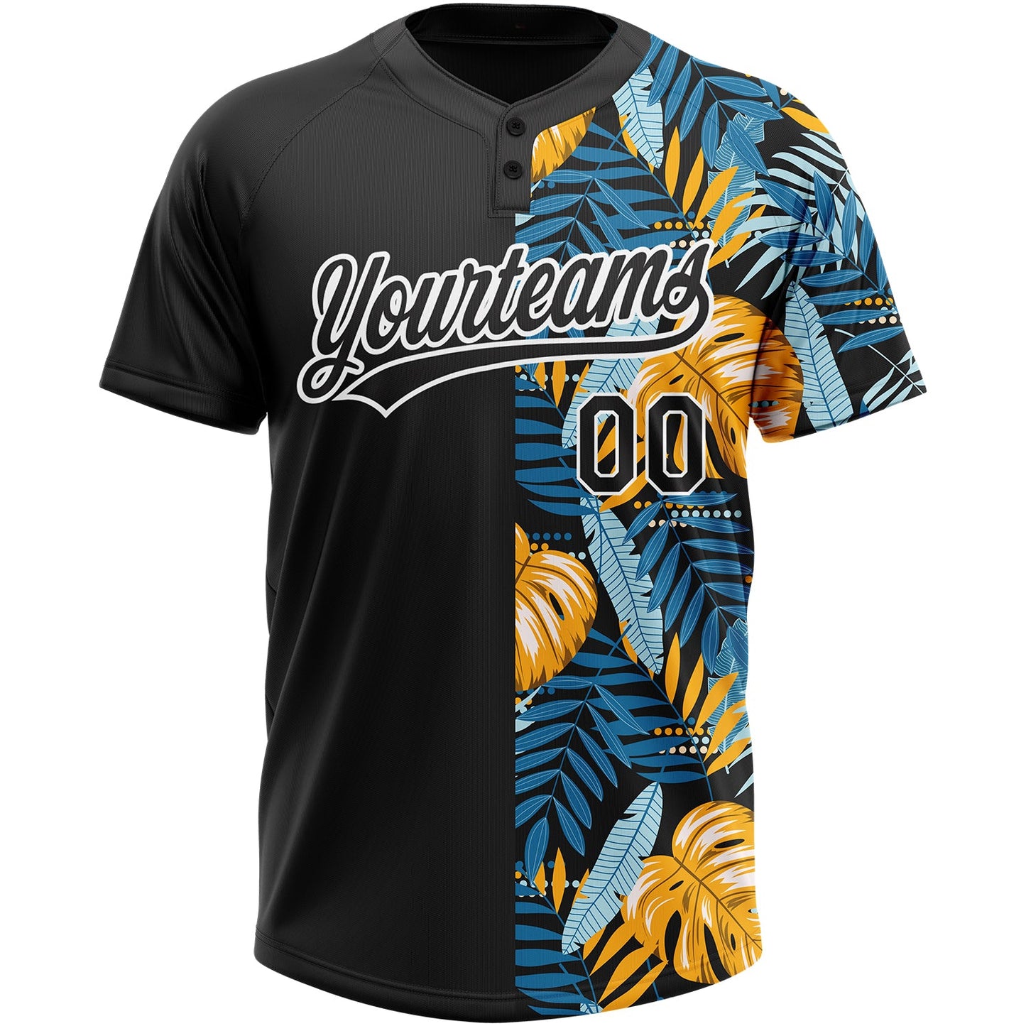 Custom Black White 3D Pattern Hawaii Tropical Leaves Two-Button Unisex Softball Jersey view 2