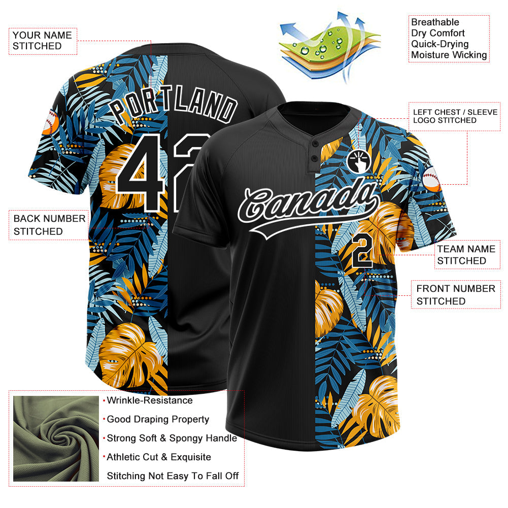 Custom Black White 3D Pattern Hawaii Tropical Leaves Two-Button Unisex Softball Jersey view 3