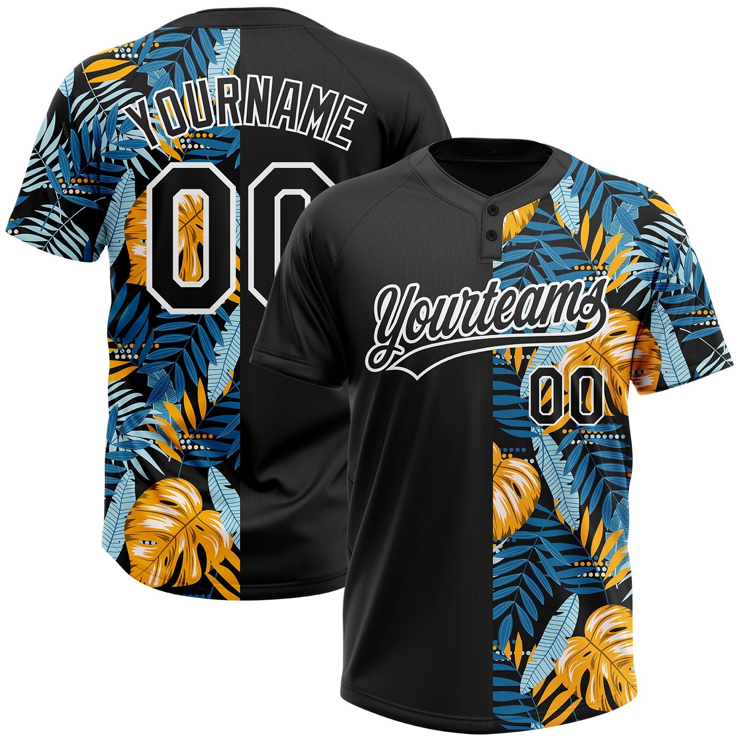 Custom Black White 3D Pattern Hawaii Tropical Leaves Two-Button Unisex Softball Jersey - Main View