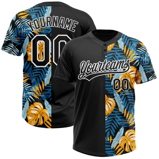 Custom Black White 3D Pattern Hawaii Tropical Leaves Two-Button Unisex Softball Jersey - Main View