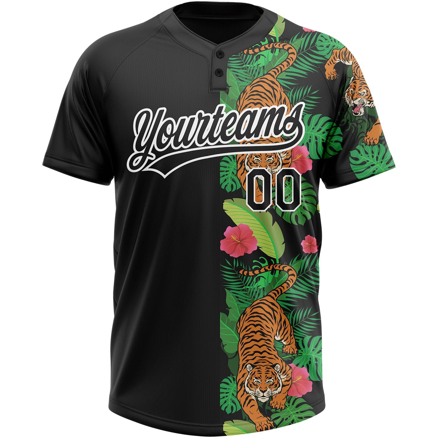 Custom Black White 3D Pattern Hawaii Tropical Tiger Two-Button Unisex Softball Jersey view 2