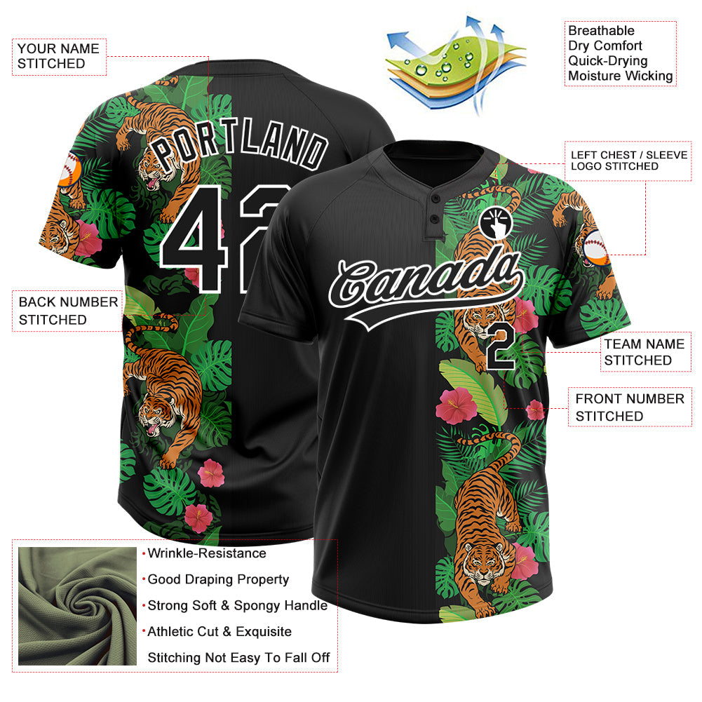 Custom Black White 3D Pattern Hawaii Tropical Tiger Two-Button Unisex Softball Jersey view 3