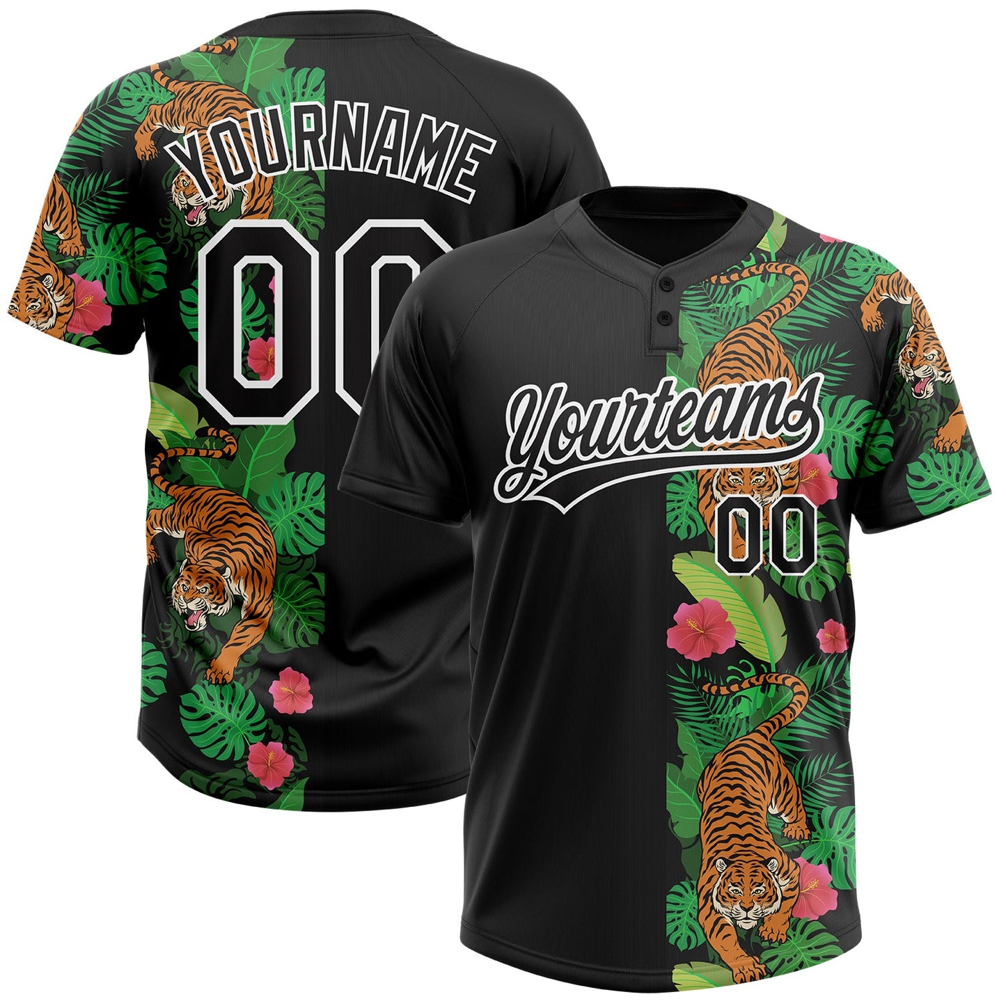 Custom Black White 3D Pattern Hawaii Tropical Tiger Two-Button Unisex Softball Jersey - Main View