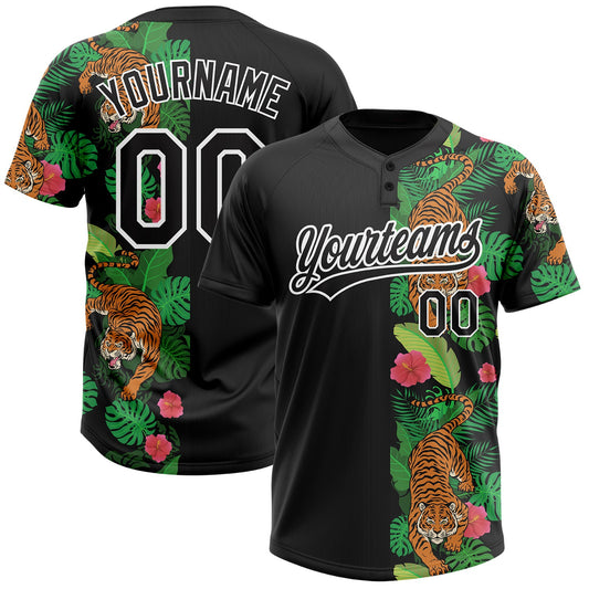 Custom Black White 3D Pattern Hawaii Tropical Tiger Two-Button Unisex Softball Jersey - Main View