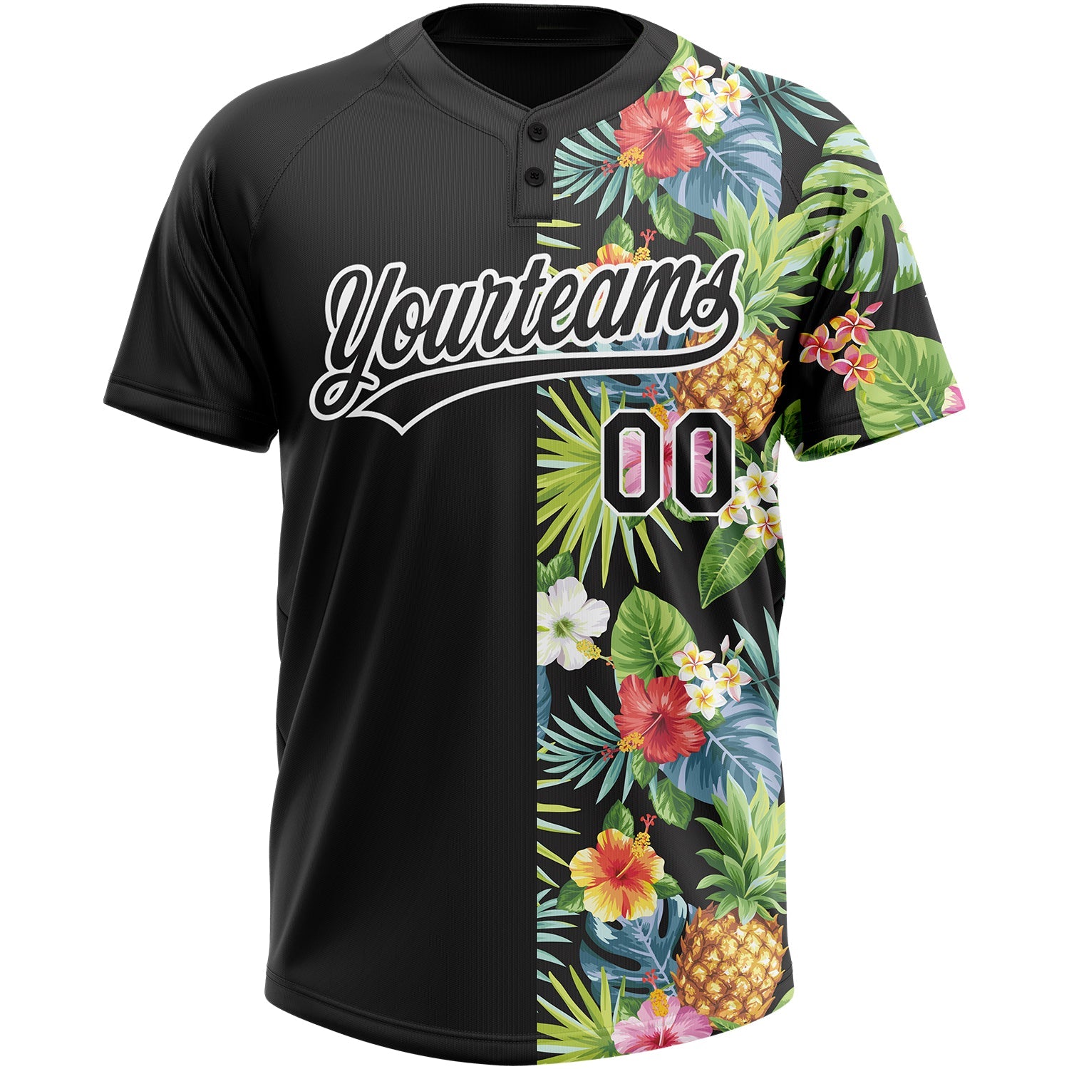 Custom Black White 3D Pattern Hawaii Tropical Pineapples, Palm Leaves And Flowers Two-Button Unisex Softball Jersey view 2