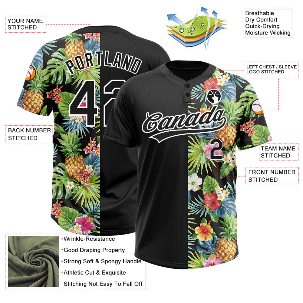 Custom Black White 3D Pattern Hawaii Tropical Pineapples, Palm Leaves And Flowers Two-Button Unisex Softball Jersey view 3