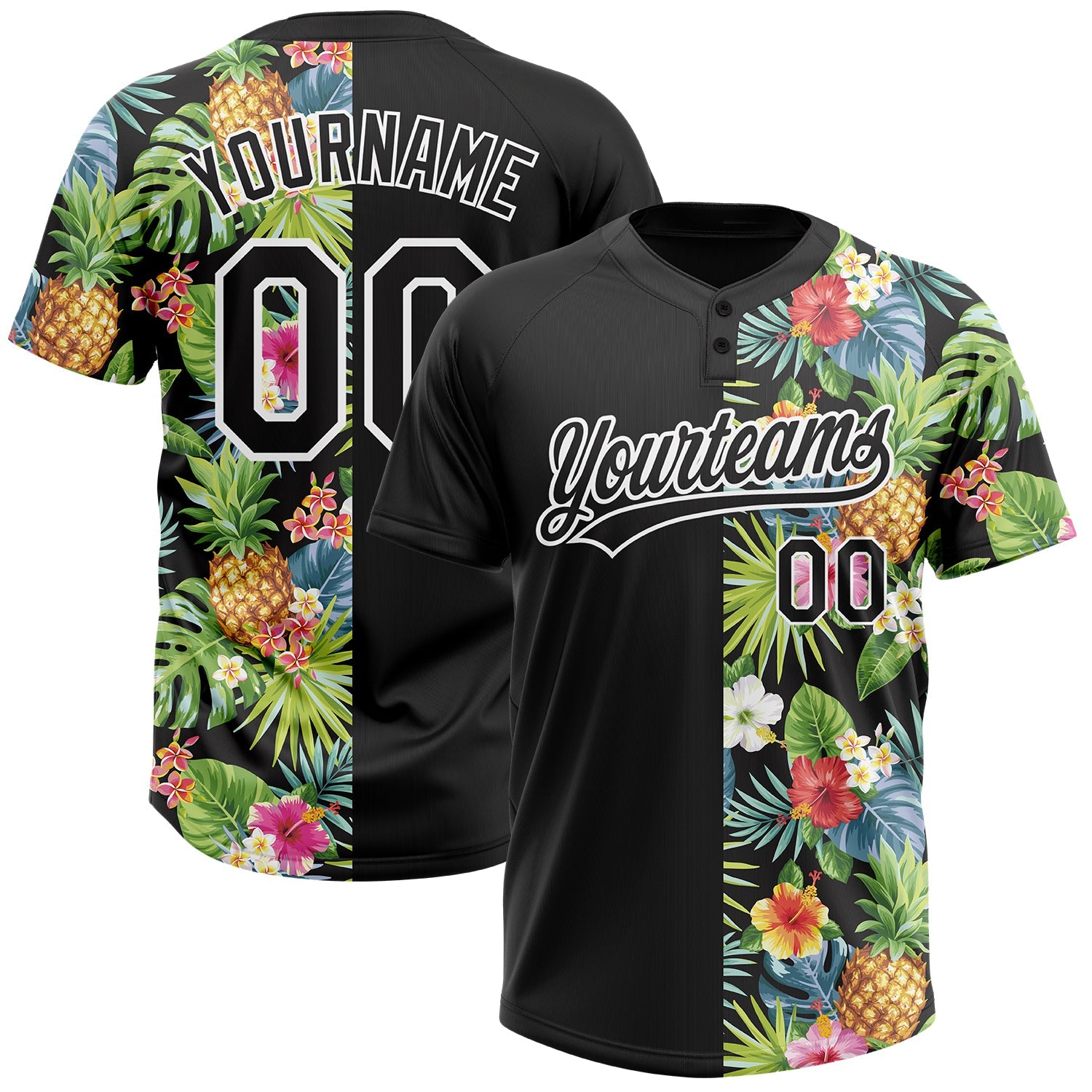 Custom Black White 3D Pattern Hawaii Tropical Pineapples, Palm Leaves And Flowers Two-Button Unisex Softball Jersey - Main View