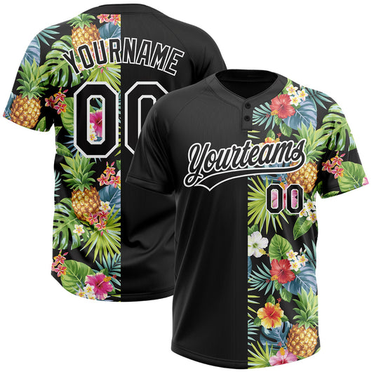 Custom Black White 3D Pattern Hawaii Tropical Pineapples, Palm Leaves And Flowers Two-Button Unisex Softball Jersey - Main View