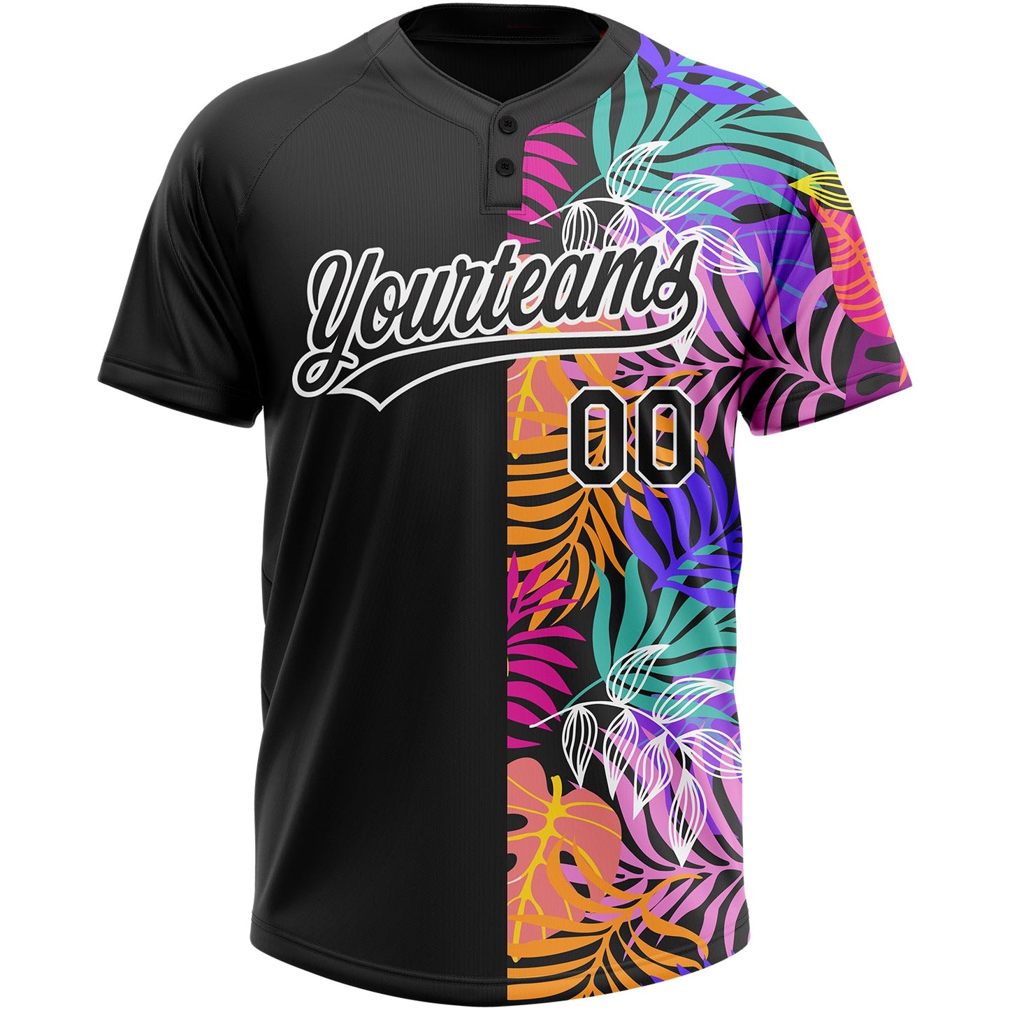 Custom Black White 3D Pattern Hawaii Tropical Palm Trees Two-Button Unisex Softball Jersey view 2