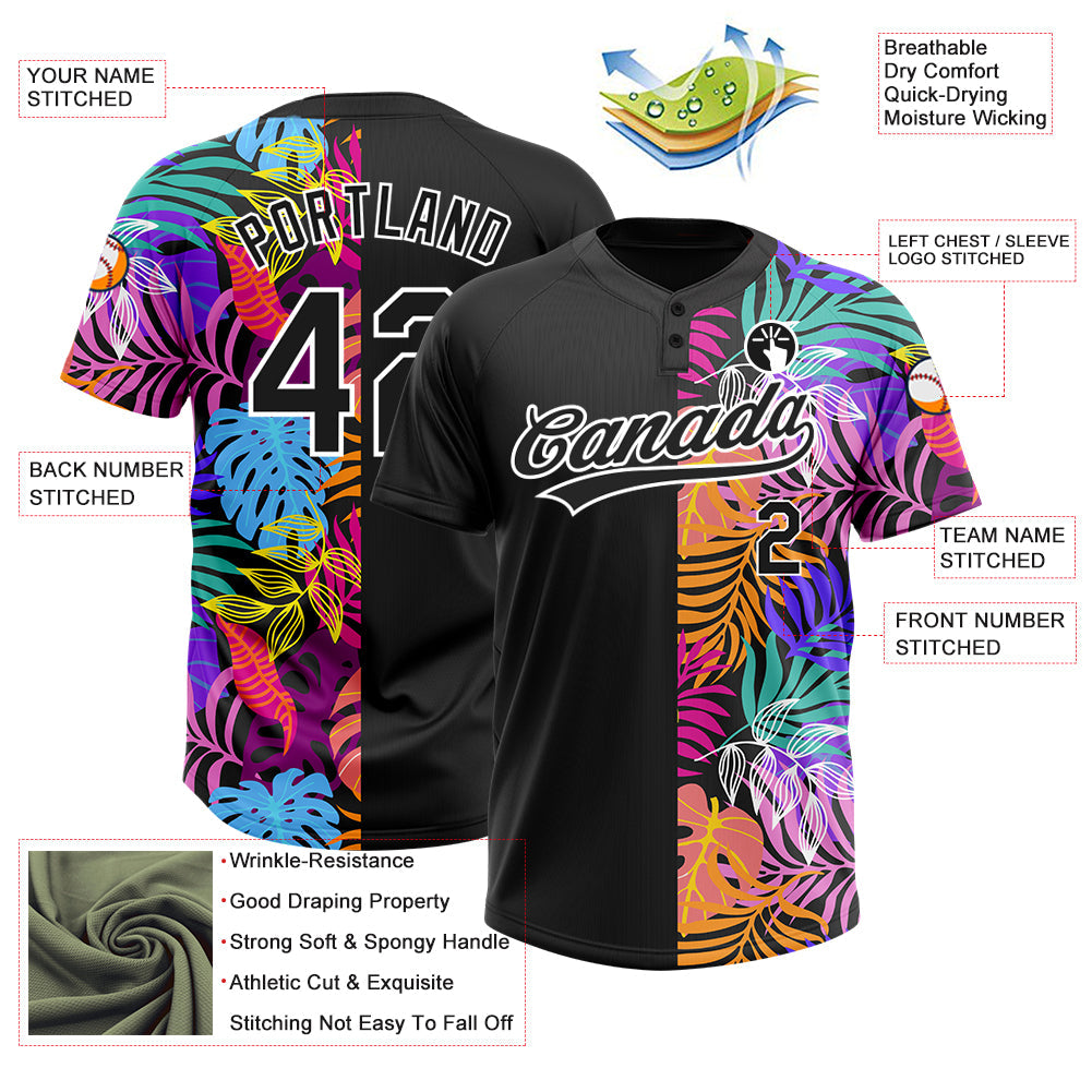Custom Black White 3D Pattern Hawaii Tropical Palm Trees Two-Button Unisex Softball Jersey view 3