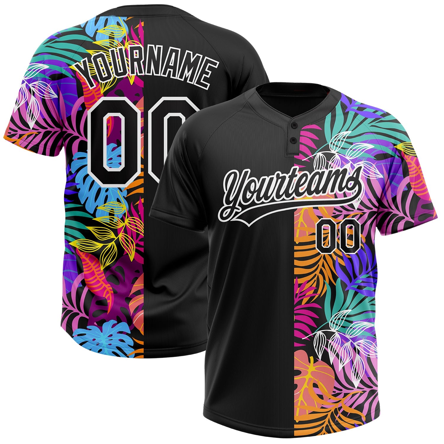Custom Black White 3D Pattern Hawaii Tropical Palm Trees Two-Button Unisex Softball Jersey - Main View