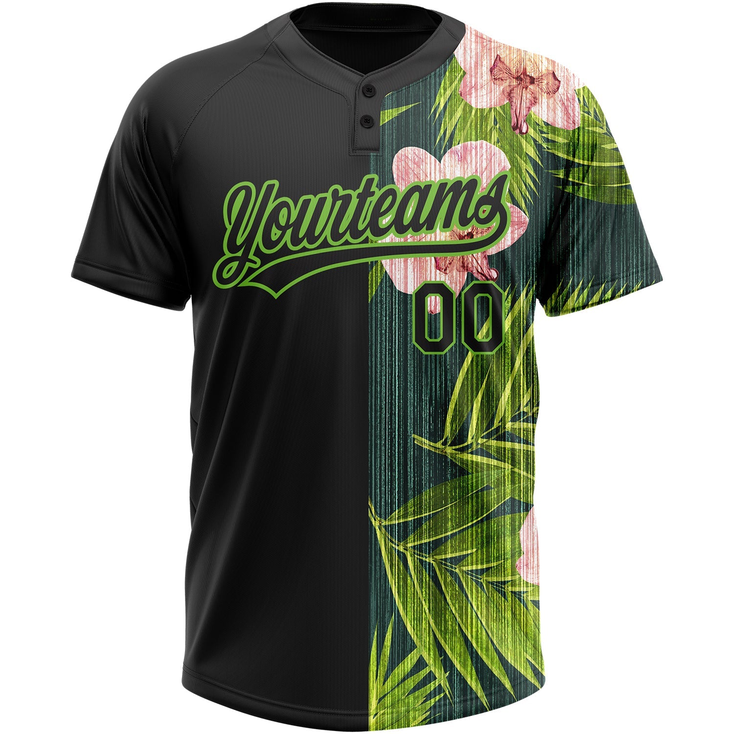 Custom Black Neon Green 3D Pattern Hawaii Tropical Palm Leaves With Orchids Two-Button Unisex Softball Jersey view 2