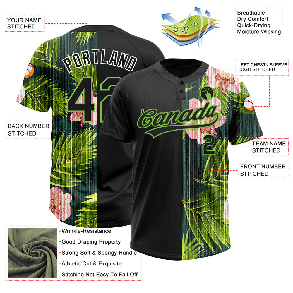 Custom Black Neon Green 3D Pattern Hawaii Tropical Palm Leaves With Orchids Two-Button Unisex Softball Jersey view 3