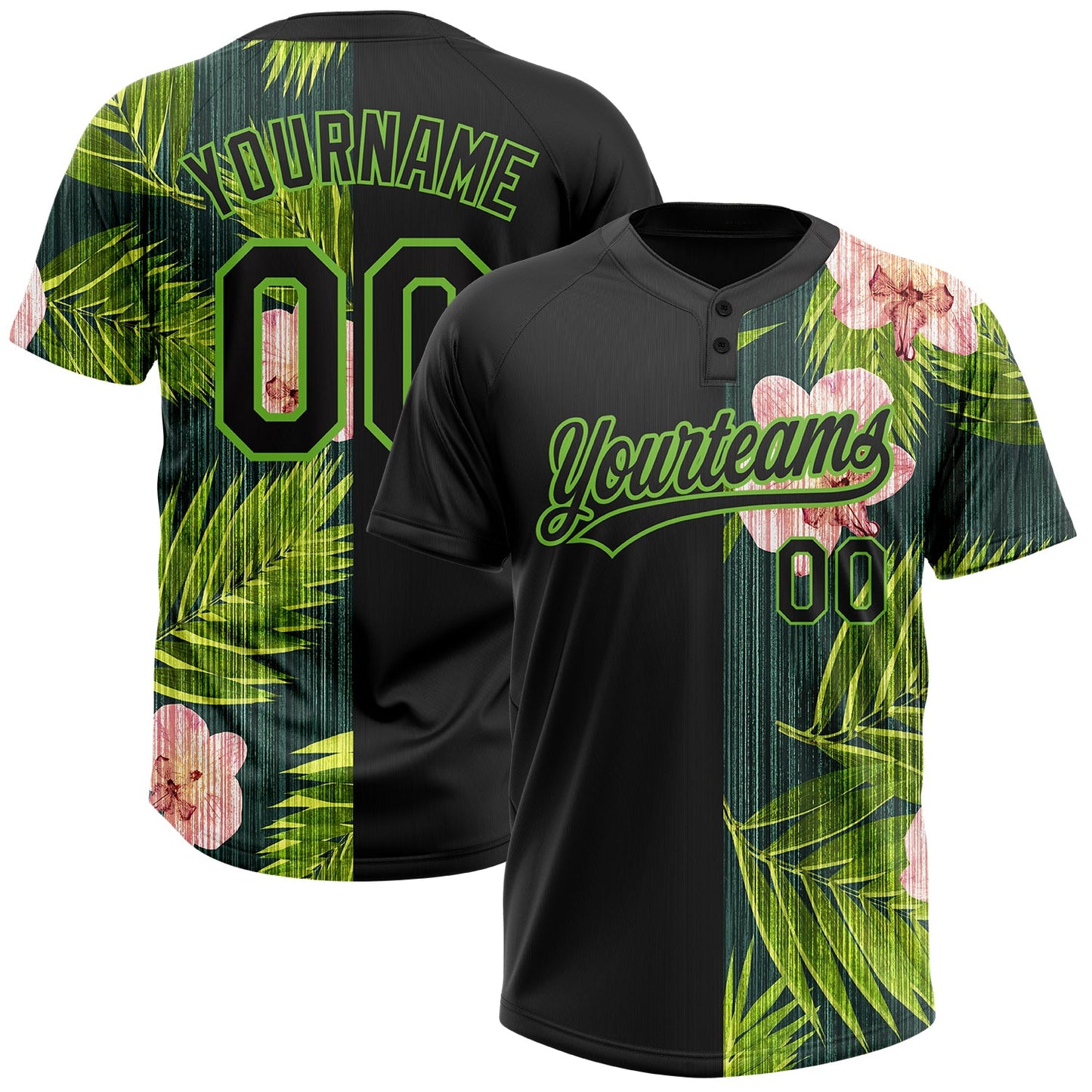 Custom Black Neon Green 3D Pattern Hawaii Tropical Palm Leaves With Orchids Two-Button Unisex Softball Jersey - Main View