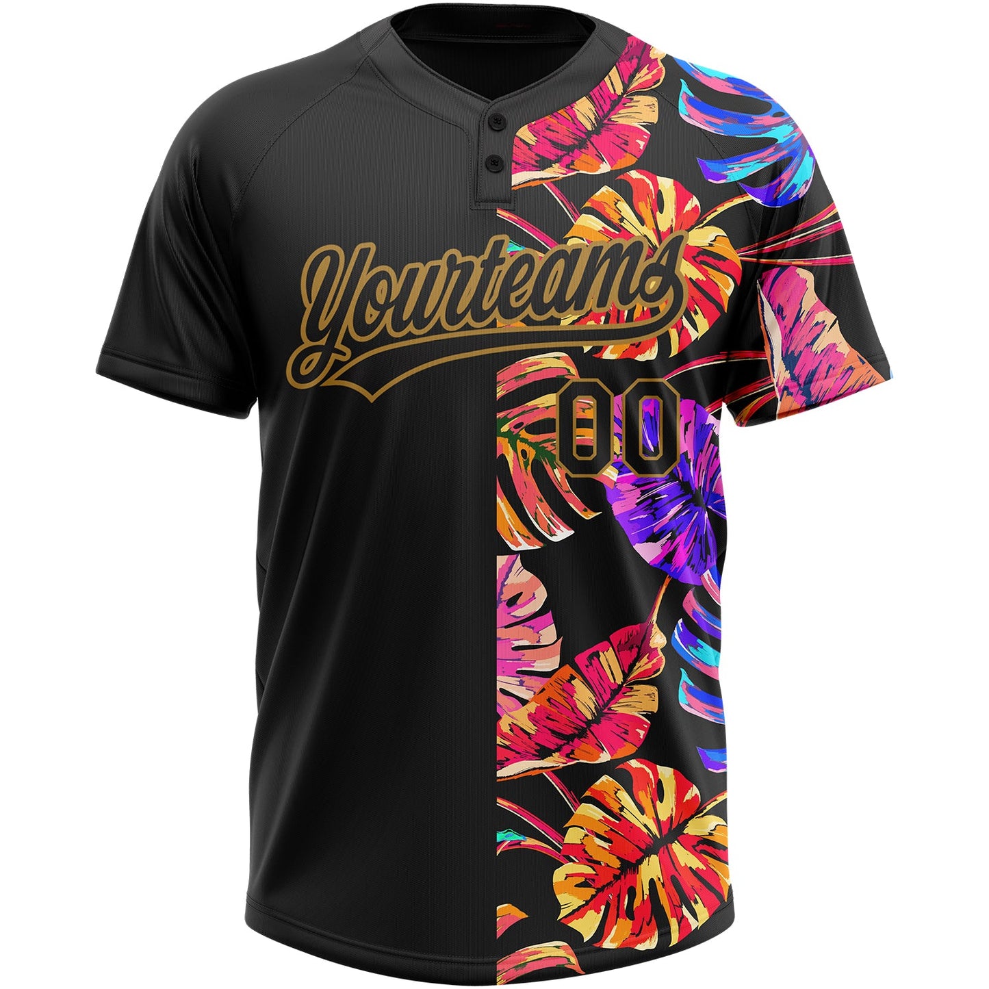 Custom Black Old Gold 3D Pattern Hawaii Tropical Palm Leaves Two-Button Unisex Softball Jersey view 2