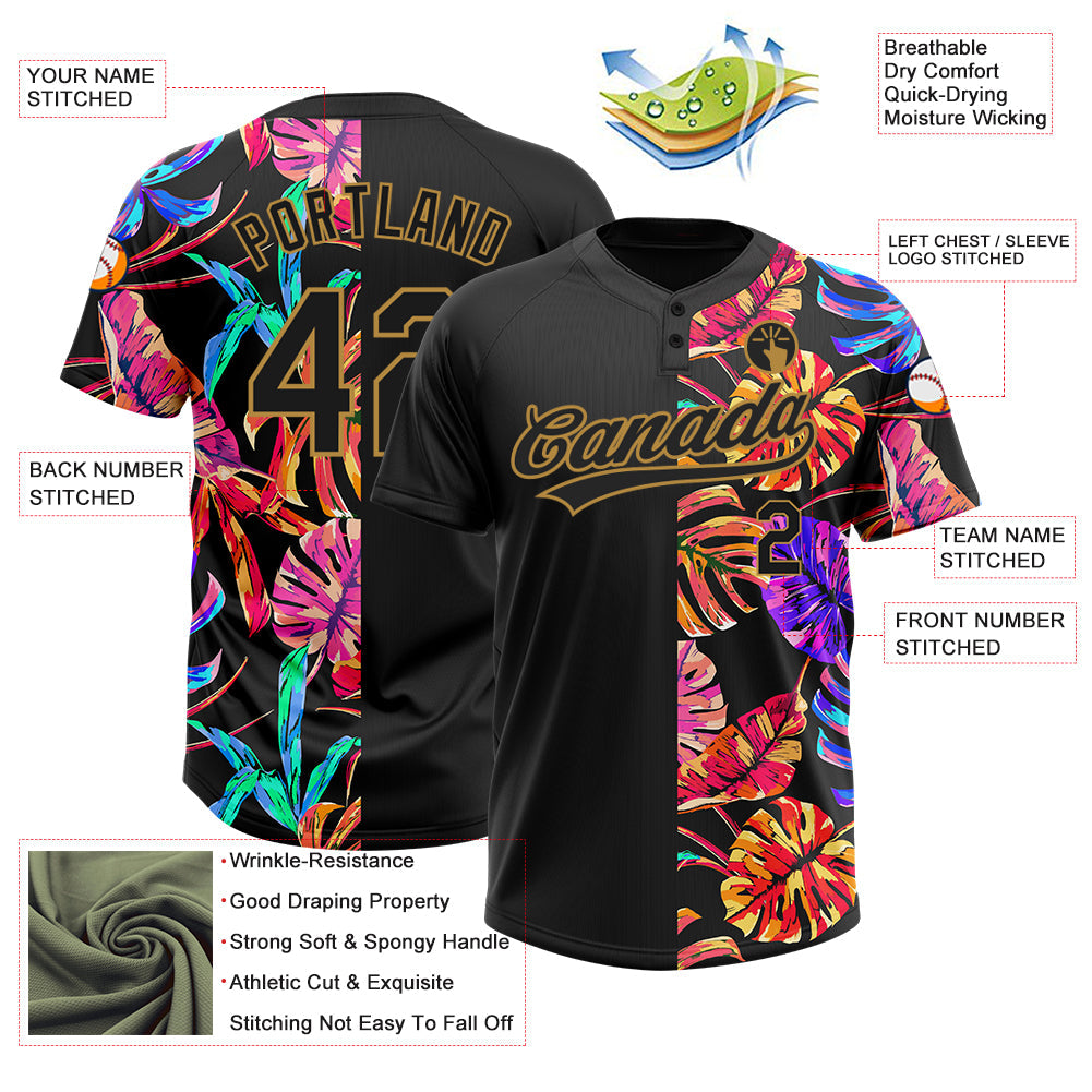 Custom Black Old Gold 3D Pattern Hawaii Tropical Palm Leaves Two-Button Unisex Softball Jersey view 3