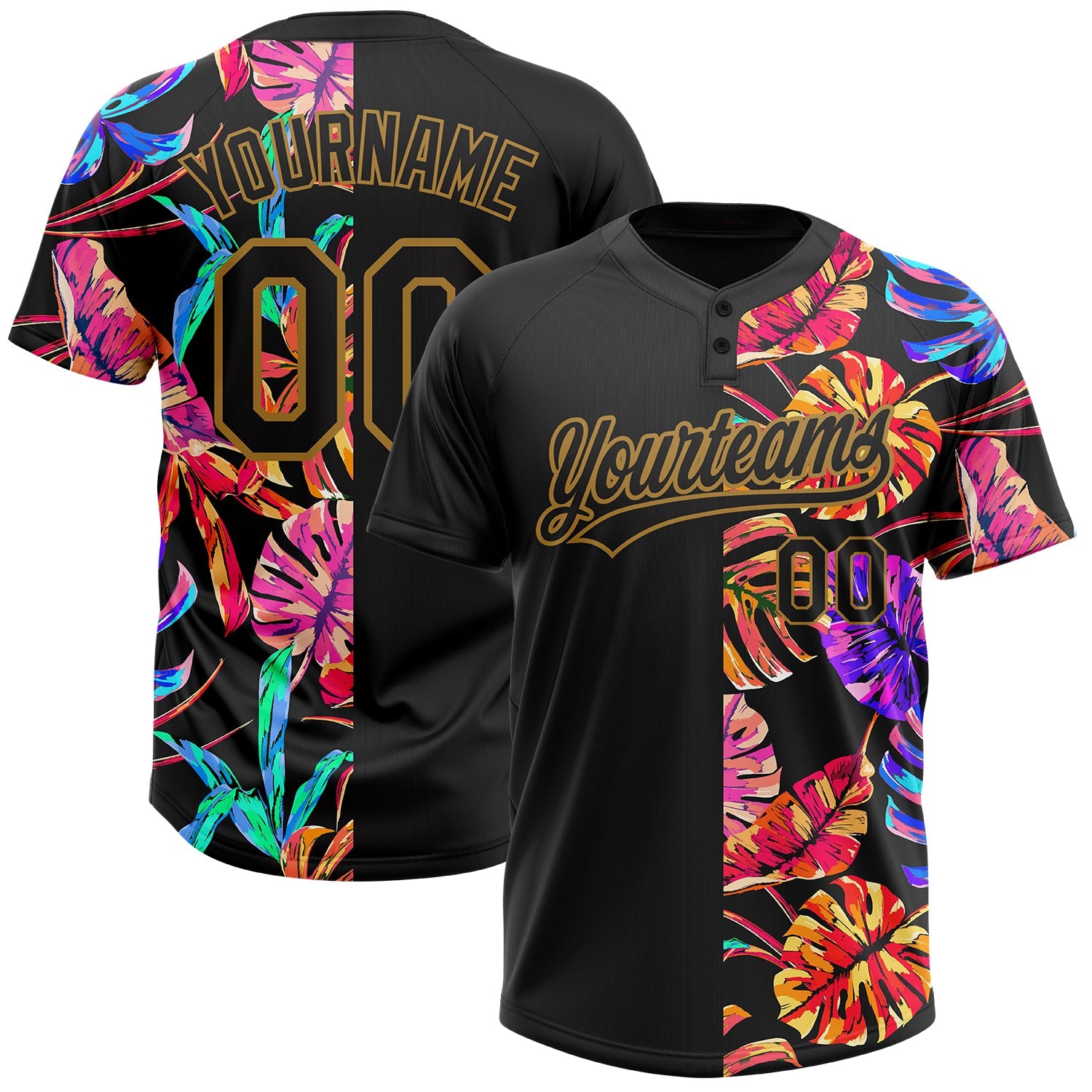 Custom Black Old Gold 3D Pattern Hawaii Tropical Palm Leaves Two-Button Unisex Softball Jersey - Main View