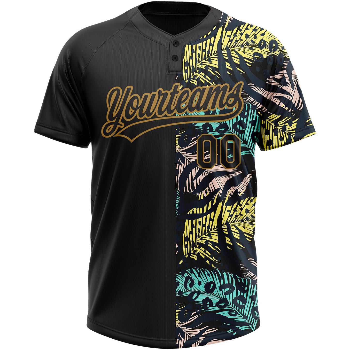Custom Black Old Gold 3D Pattern Hawaii Tropical Palm Leaves With Animal Print Two-Button Unisex Softball Jersey view 2