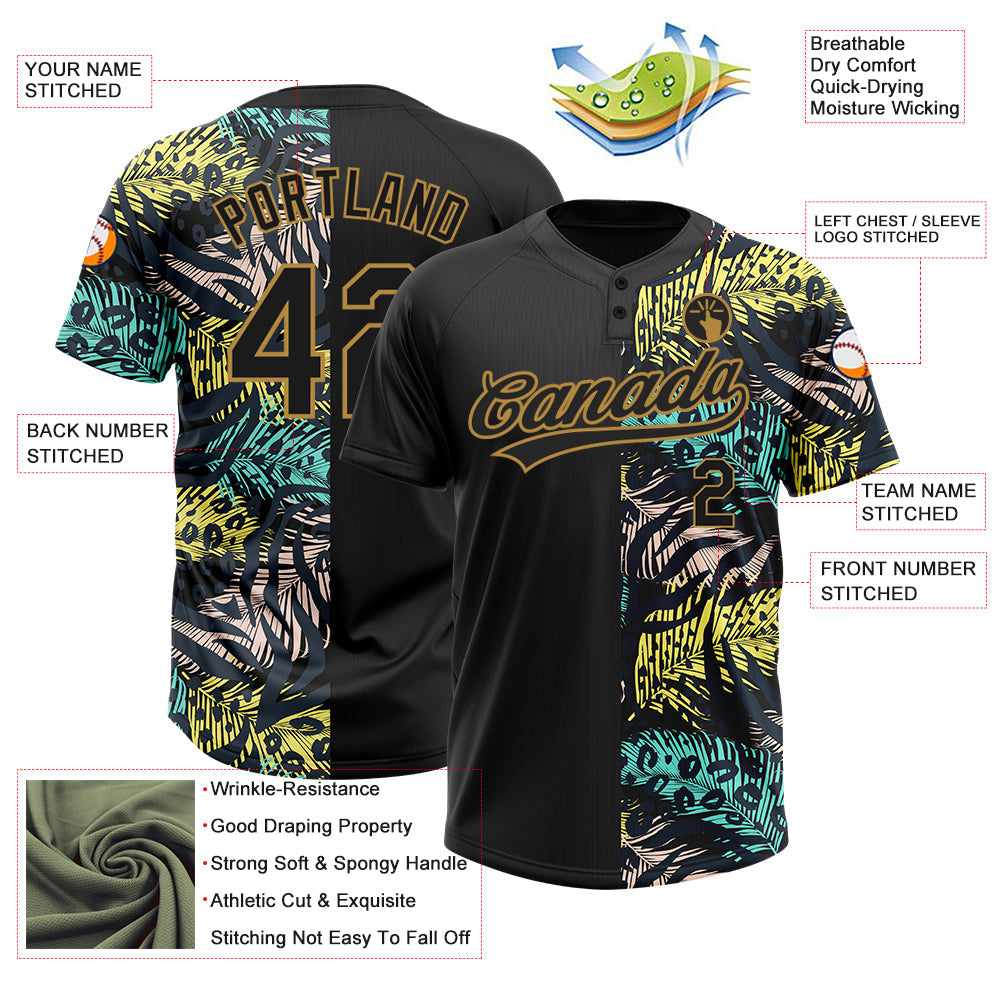Custom Black Old Gold 3D Pattern Hawaii Tropical Palm Leaves With Animal Print Two-Button Unisex Softball Jersey view 3