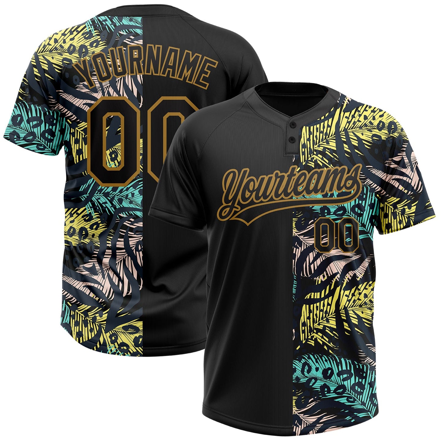 Custom Black Old Gold 3D Pattern Hawaii Tropical Palm Leaves With Animal Print Two-Button Unisex Softball Jersey - Main View