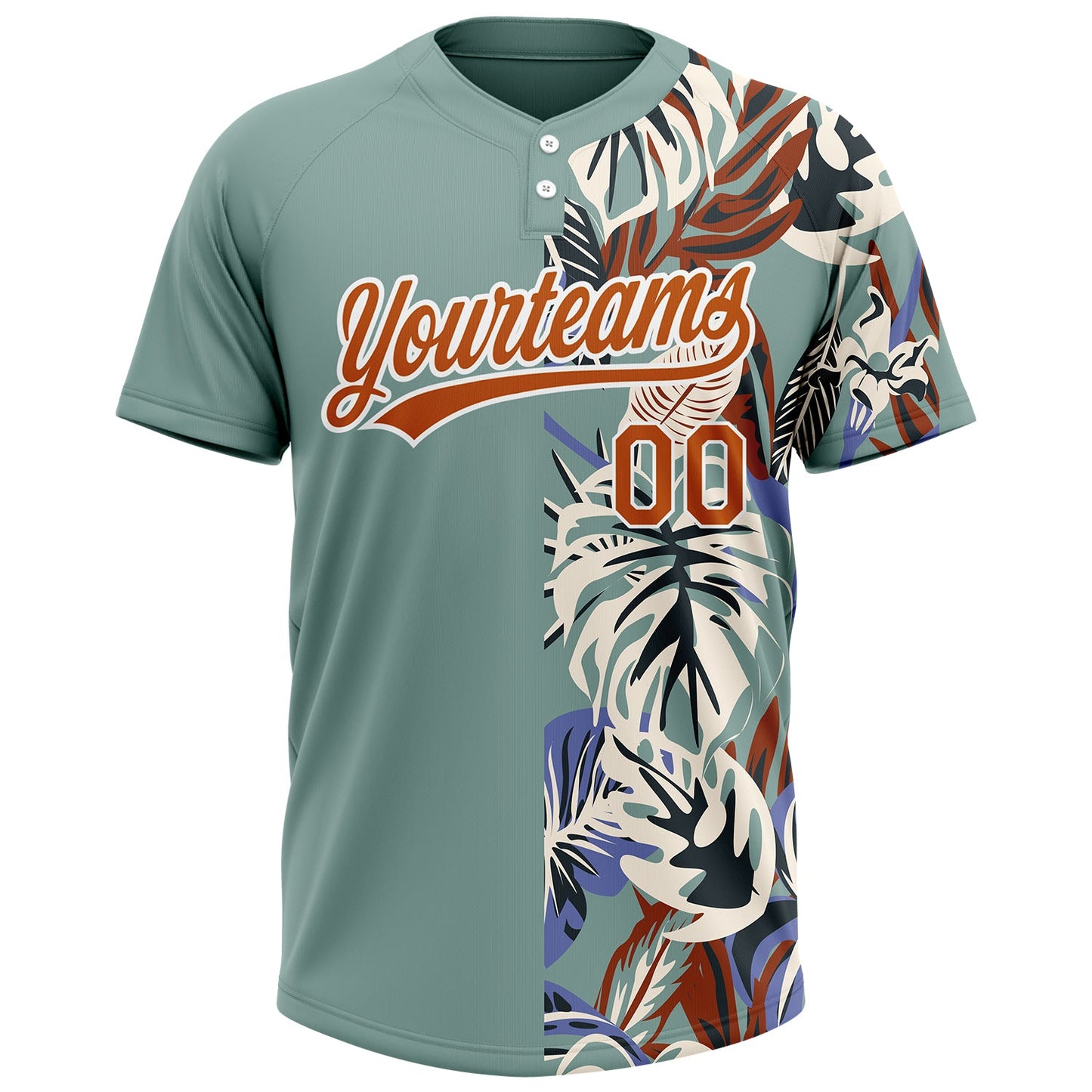 Custom Teal Texas Orange-White 3D Pattern Hawaii Tropical Palm Leaves Two-Button Unisex Softball Jersey view 2