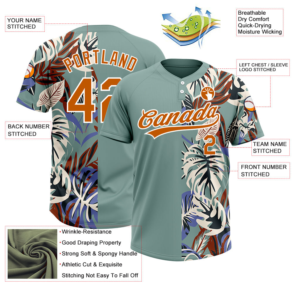Custom Teal Texas Orange-White 3D Pattern Hawaii Tropical Palm Leaves Two-Button Unisex Softball Jersey view 3