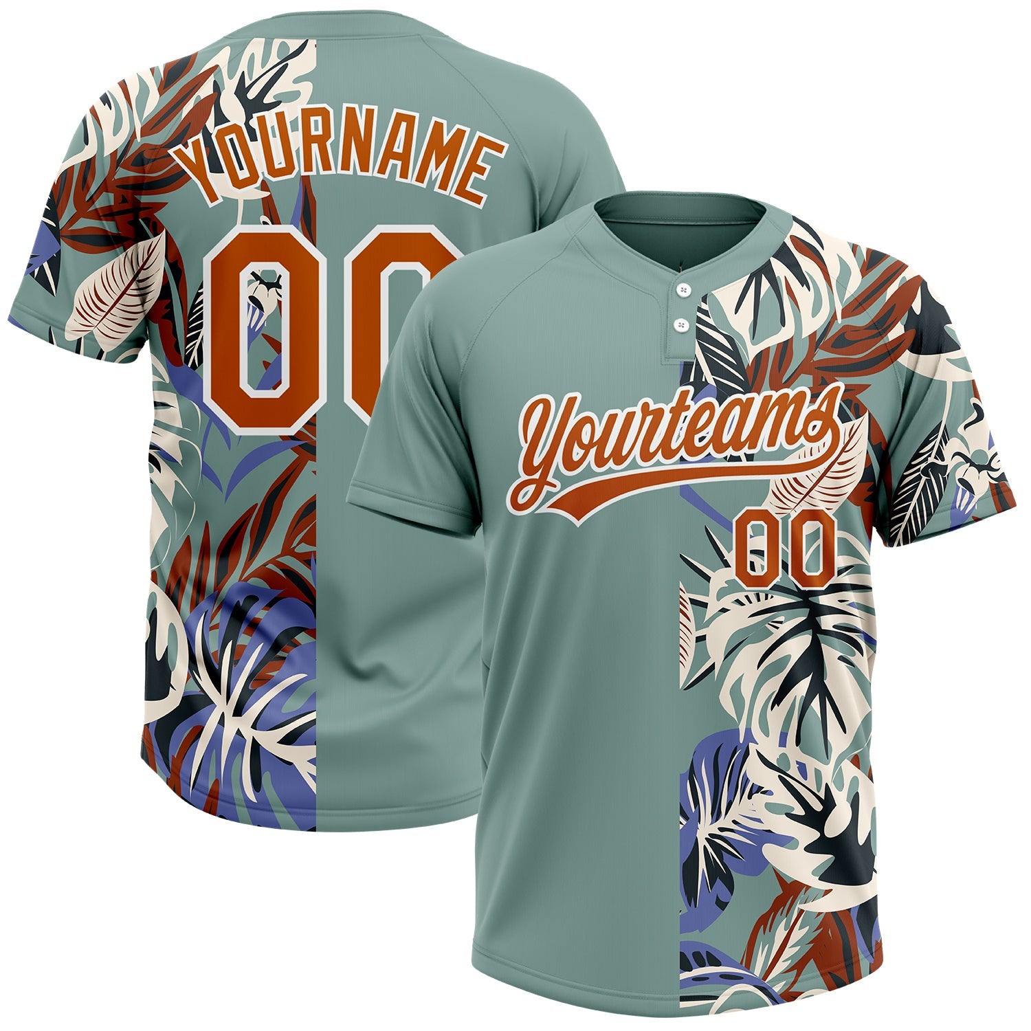Custom Teal Texas Orange-White 3D Pattern Hawaii Tropical Palm Leaves Two-Button Unisex Softball Jersey - Main View