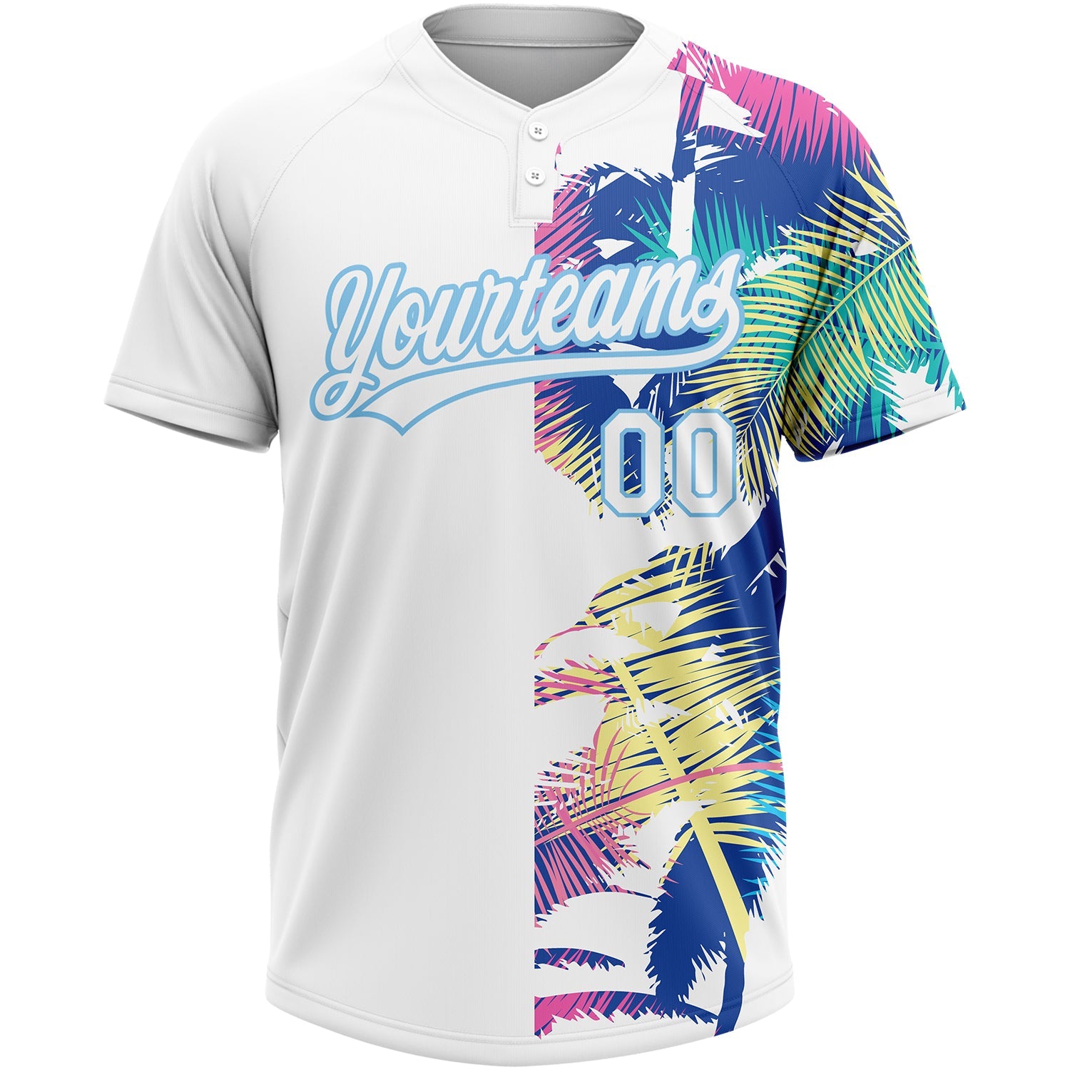 Custom White Light Blue 3D Pattern Hawaii Palm Trees Two-Button Unisex Softball Jersey view 2
