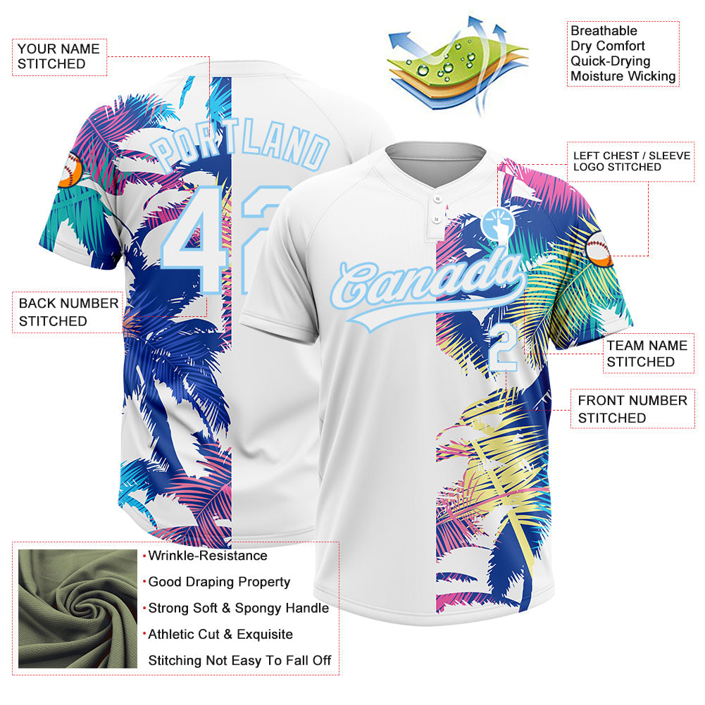Custom White Light Blue 3D Pattern Hawaii Palm Trees Two-Button Unisex Softball Jersey view 3
