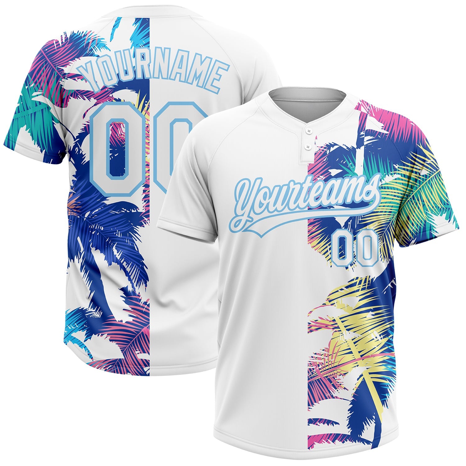 Custom White Light Blue 3D Pattern Hawaii Palm Trees Two-Button Unisex Softball Jersey - Main View