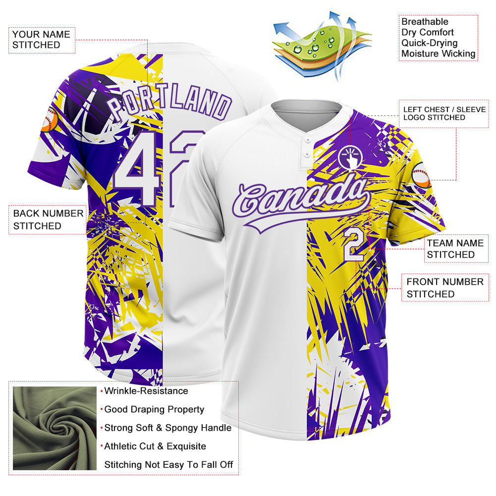 Custom White Purple 3D Pattern Tropical Palm Leaves Two-Button Unisex Softball Jersey view 3