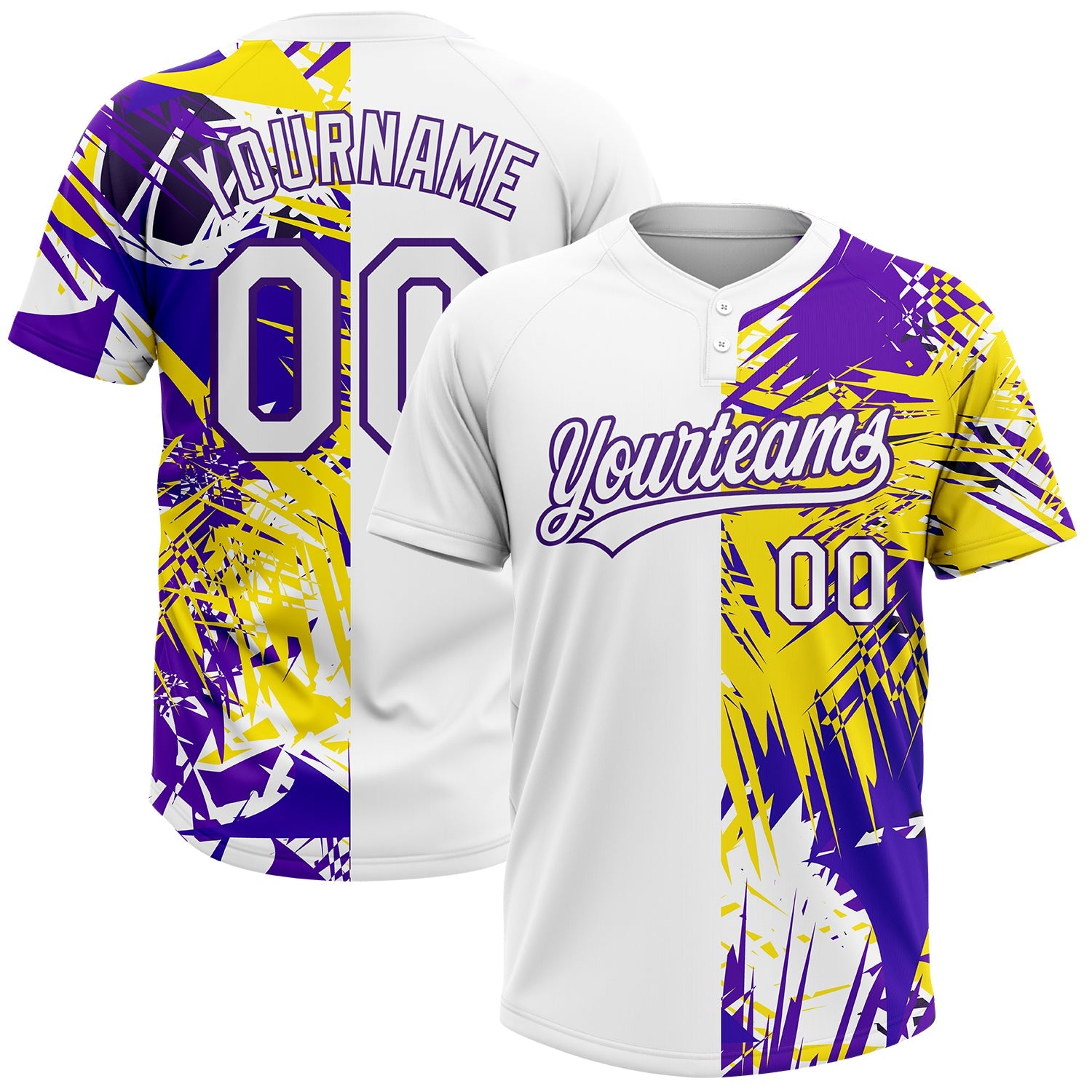 Custom White Purple 3D Pattern Tropical Palm Leaves Two-Button Unisex Softball Jersey - Main View