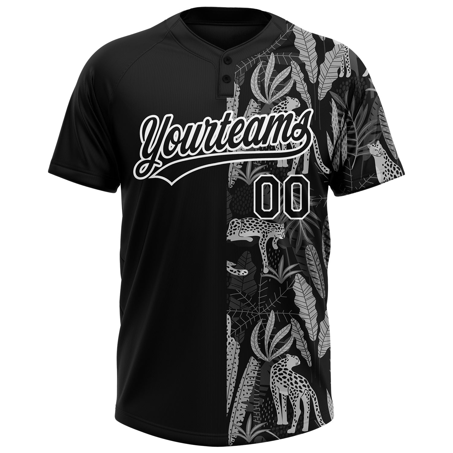 Custom Black White 3D Pattern Leopards And Tropical Palm Leaves Two-Button Unisex Softball Jersey view 2