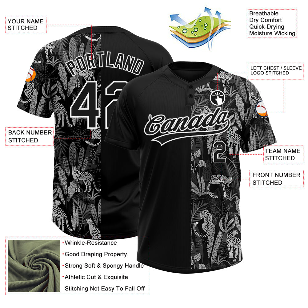 Custom Black White 3D Pattern Leopards And Tropical Palm Leaves Two-Button Unisex Softball Jersey view 3