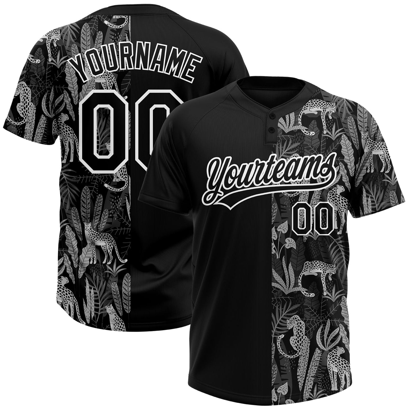 Custom Black White 3D Pattern Leopards And Tropical Palm Leaves Two-Button Unisex Softball Jersey - Main View