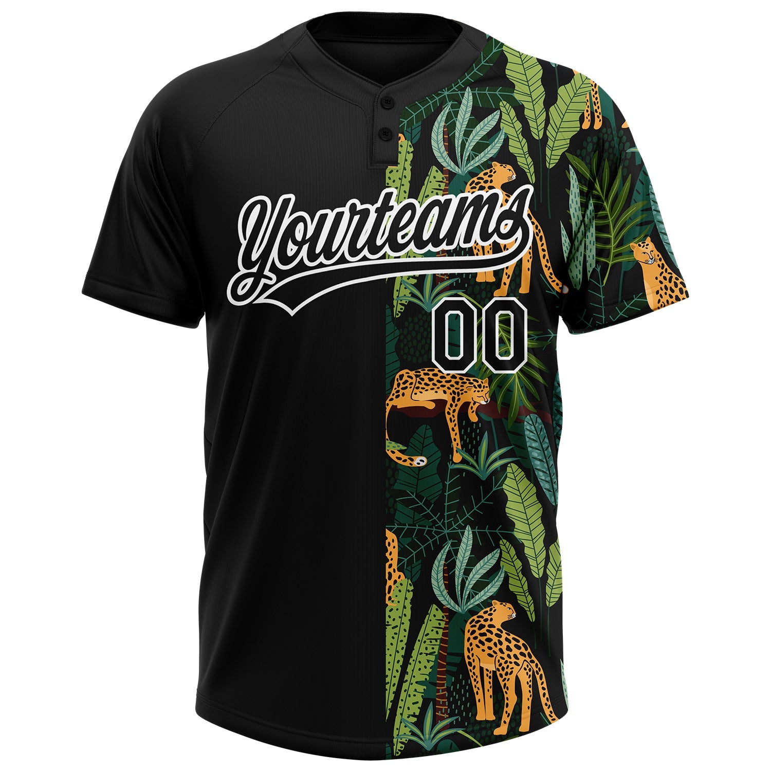 Custom Black White 3D Pattern Leopards And Tropical Palm Leaves Two-Button Unisex Softball Jersey view 2
