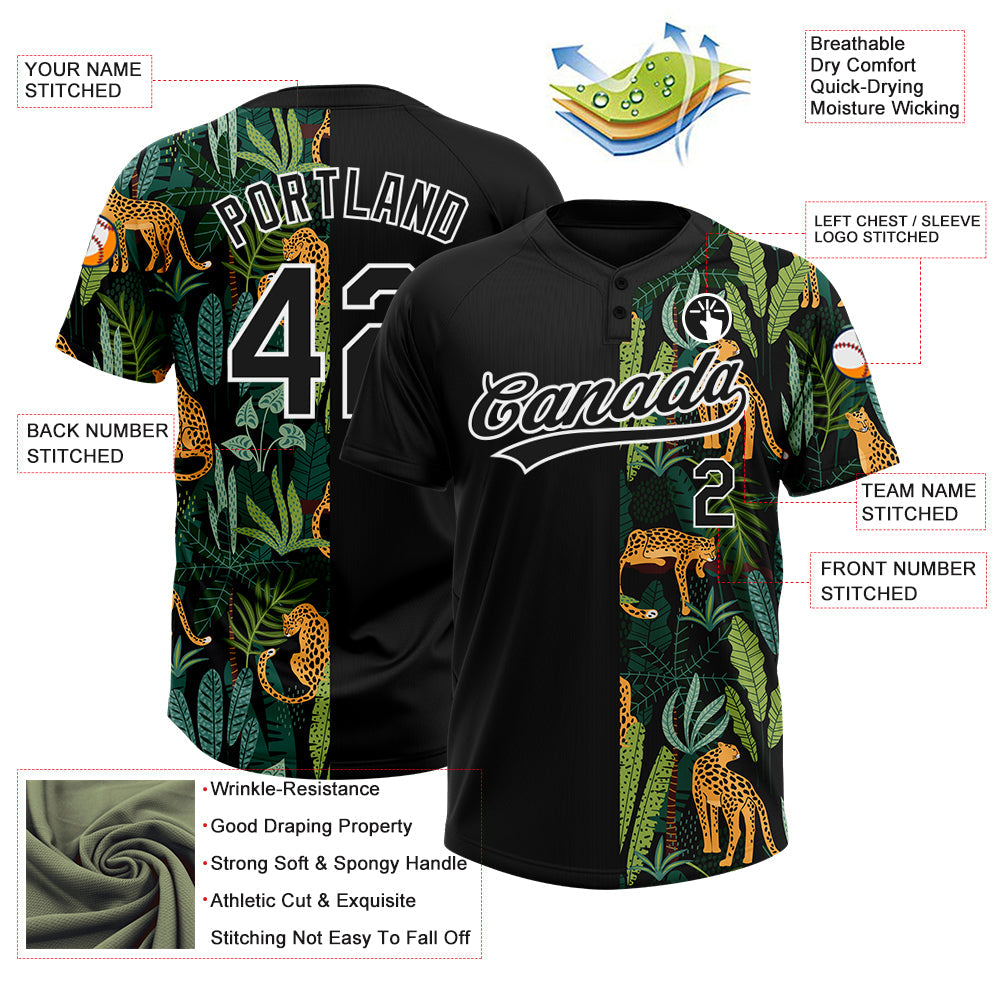 Custom Black White 3D Pattern Leopards And Tropical Palm Leaves Two-Button Unisex Softball Jersey view 3