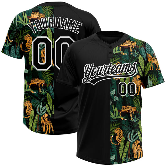 Custom Black White 3D Pattern Leopards And Tropical Palm Leaves Two-Button Unisex Softball Jersey - Main View