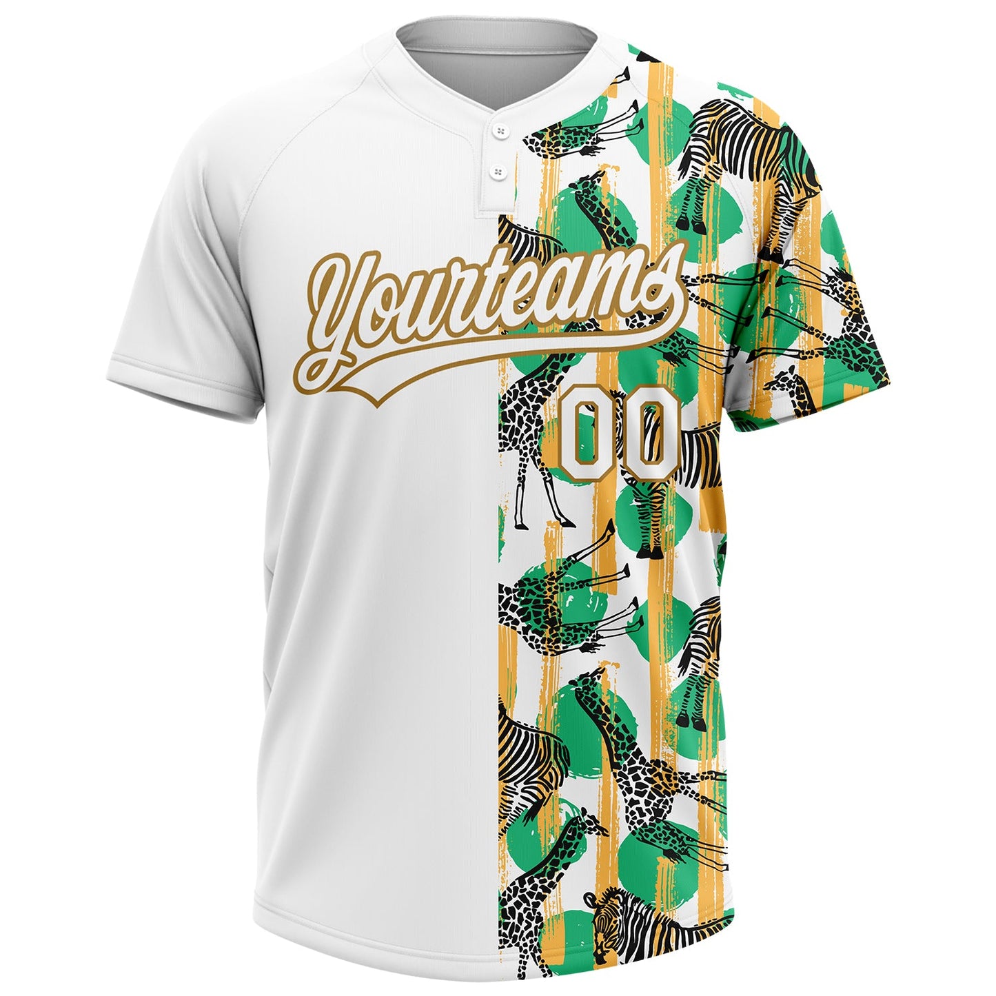Custom White Old Gold 3D Pattern Zebras And Giraffes Two-Button Unisex Softball Jersey view 2