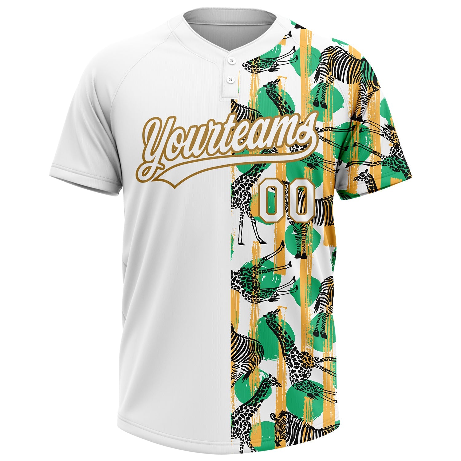 Custom White Old Gold 3D Pattern Zebras And Giraffes Two-Button Unisex Softball Jersey view 2