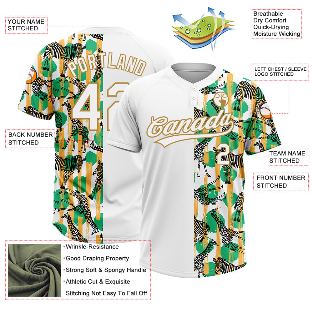Custom White Old Gold 3D Pattern Zebras And Giraffes Two-Button Unisex Softball Jersey view 3