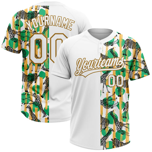 Custom White Old Gold 3D Pattern Zebras And Giraffes Two-Button Unisex Softball Jersey - Main View