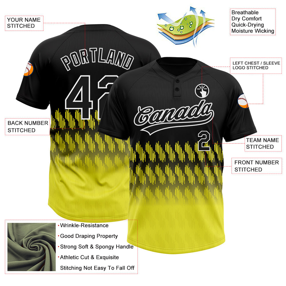 Custom Black Light Yellow-White 3D Pattern Lines Two-Button Unisex Softball Jersey view 3