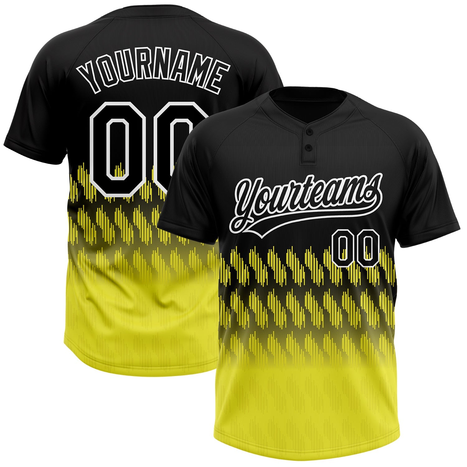 Custom Black Light Yellow-White 3D Pattern Lines Two-Button Unisex Softball Jersey - Main View