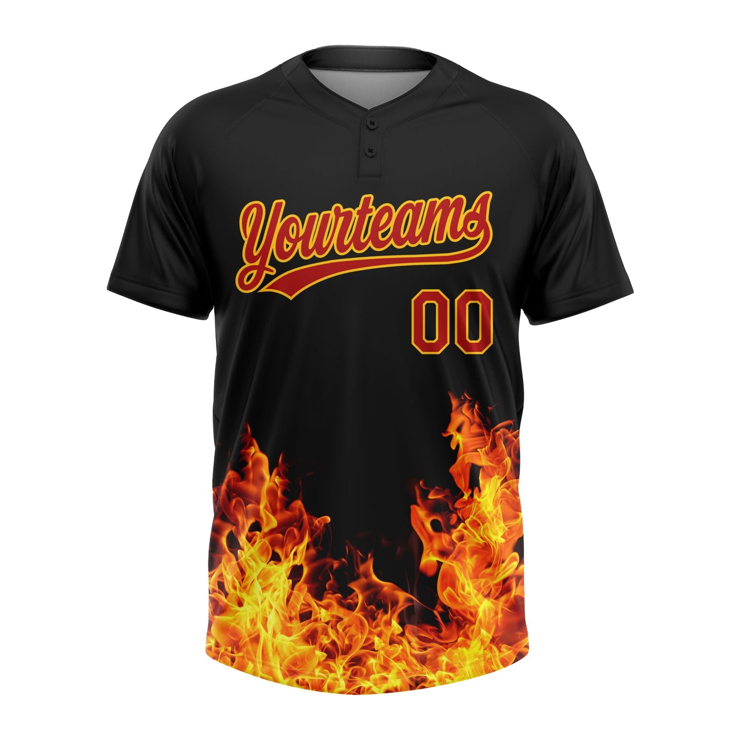 Custom Black Red-Gold 3D Pattern Design Flame Two-Button Unisex Softball Jersey view 2