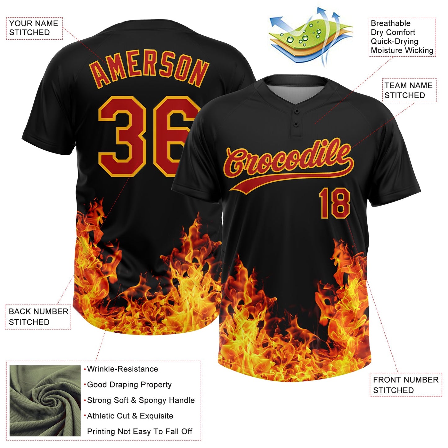 Custom Black Red-Gold 3D Pattern Design Flame Two-Button Unisex Softball Jersey view 3
