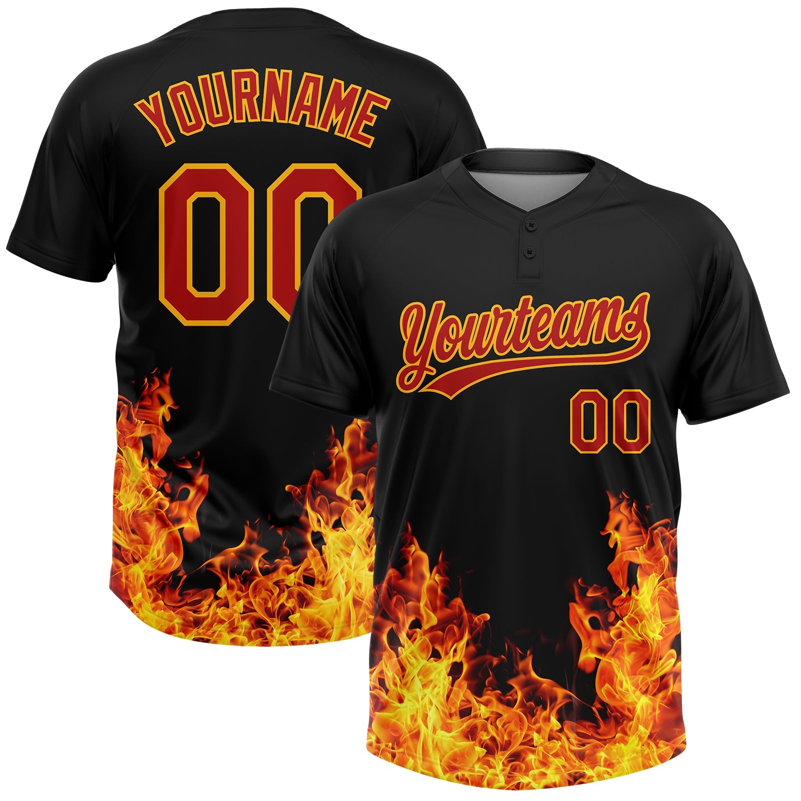 Custom Black Red-Gold 3D Pattern Design Flame Two-Button Unisex Softball Jersey - Main View