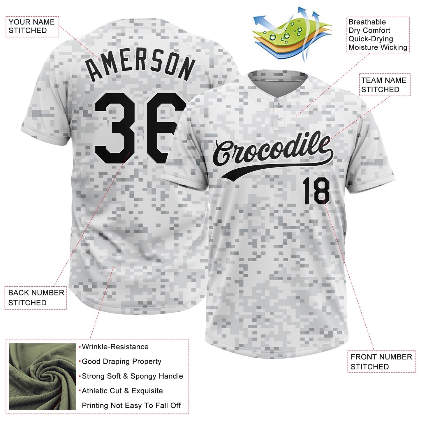 Custom Camo Black-White 3D Arctic Camouflage Two-Button Unisex Softball Jersey view 3